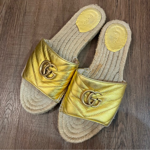 GUCCI interlocking G espadrille sandal gold metallic - Picture 1 of 14